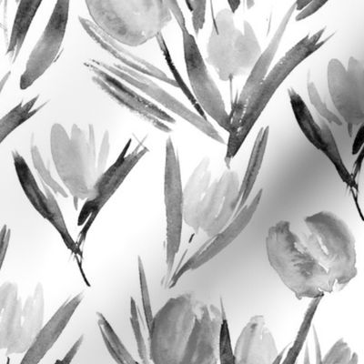 Noir tulips for princess ★ watercolor flowers in shades of grey for modern scandi minimal home decor, bedding, nursery, black and white florals