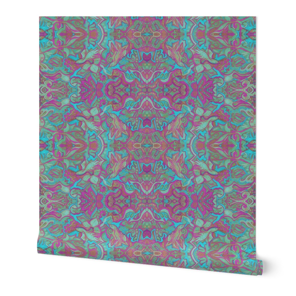 Birds of Sunrize Bohemian Pattern Turquoise Fuchsia Pink