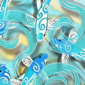 Papercut | Blue Koi on Aqua/Yellow Watercolor