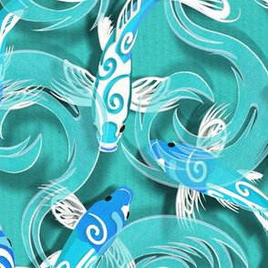 Papercut | Blue Koi on Aqua Green "Paper"