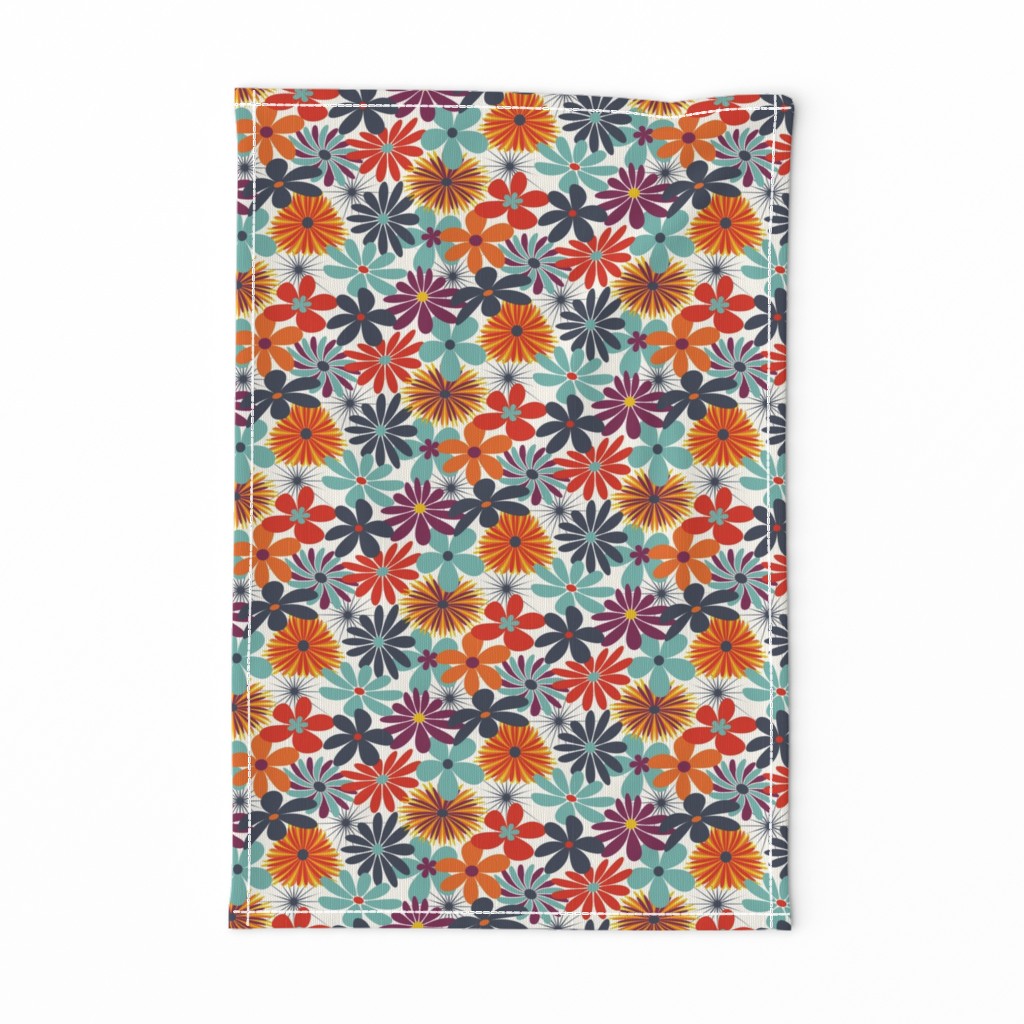 Retro Floral // Seafoam Aqua, Navy Blue, Ivory, Yellow, Plum, Wine, Red  // Version 1