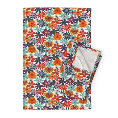 Retro Floral // Seafoam Aqua, Navy Blue, Ivory, Yellow, Plum, Wine, Red  // Version 1