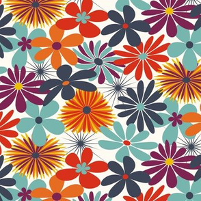 Retro Floral // Seafoam Aqua, Navy Blue, Ivory, Yellow, Plum, Wine, Red  // Version 1