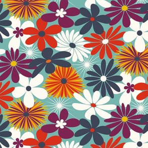 Retro Floral // Seafoam Aqua, Navy Blue, Ivory, Yellow, Plum, Wine, Red // Version 2