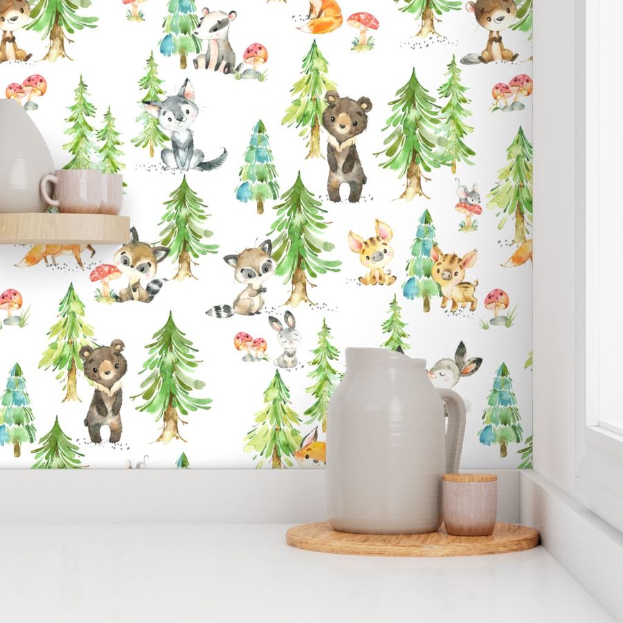 Young Forest – Kids Woodland Animals & Trees, Bedding Blanket Baby Nursery, LARGE scale