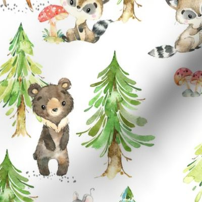 Young Forest – Kids Woodland Animals & Trees, Bedding Blanket Baby Nursery, LARGE scale