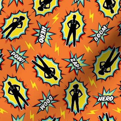 (small scale) medical superhero - nursing nurse doctor hero fabric - teal/yellow on orange - LAD20