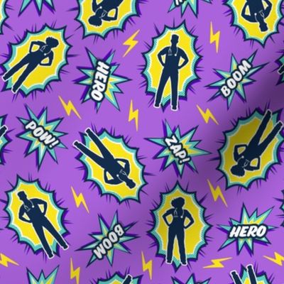 (small scale) medical superhero - nursing nurse doctor hero fabric - teal/yellow on purple - LAD20