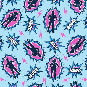 (small scale) medical superhero - nursing nurse doctor hero fabric - pink on blue - LAD20