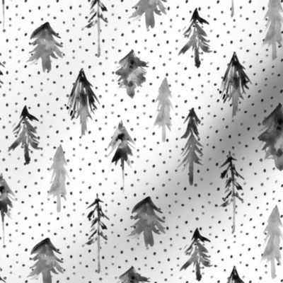 Noir magic woodland with lots of dots - watercolor black and white fir trees