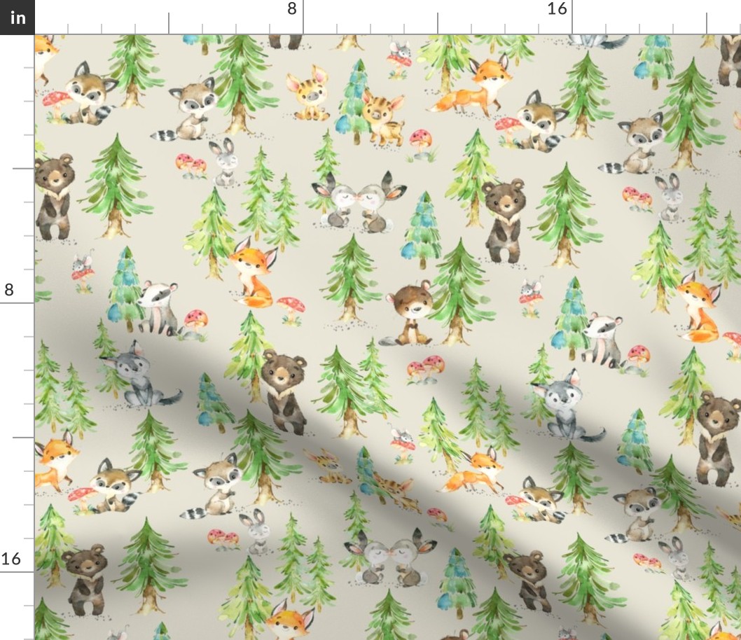Young Forest (cream) Kids Woodland Animals & Trees, Bedding Blanket Baby Nursery - MEDIUM scale