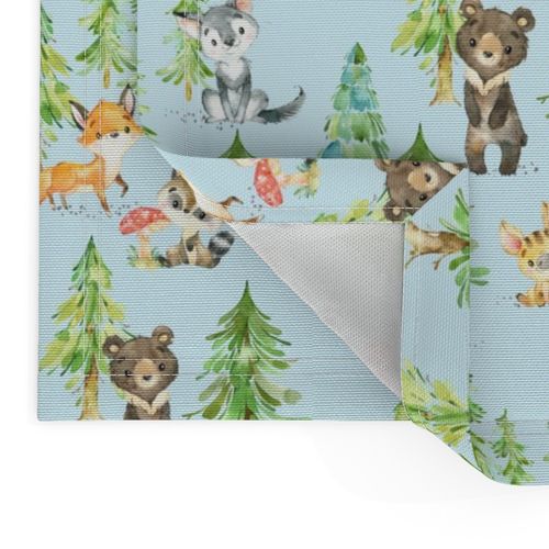 Young Forest (pale blue) Kids Woodland Animals & Trees, Bedding Blanket Baby Nursery - MEDIUM scale