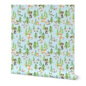 Young Forest (pale blue) Kids Woodland Animals & Trees, Bedding Blanket Baby Nursery - MEDIUM scale