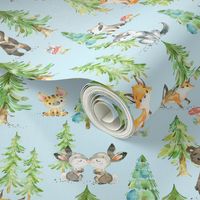 Young Forest (pale blue) Kids Woodland Animals & Trees, Bedding Blanket Baby Nursery - MEDIUM scale