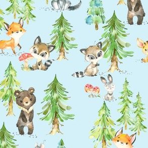 Young Forest (pale blue) Kids Woodland Animals & Trees, Bedding Blanket Baby Nursery - MEDIUM scale