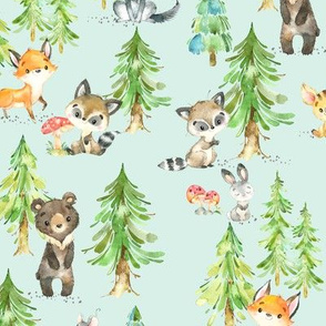 Young Forest (soft mint) Kids Woodland Animals & Trees, Bedding Blanket Baby Nursery, MEDIUM scale