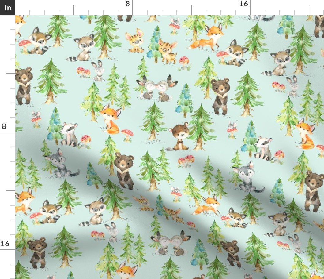 Young Forest (soft mint) Kids Woodland Animals & Trees, Bedding Blanket Baby Nursery, MEDIUM scale