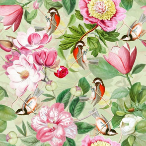 14" Vintage Spring Birds Magnolias and Peony Flowers green