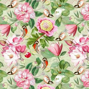 6" Vintage Spring Birds Magnolias and Peony Flowers green