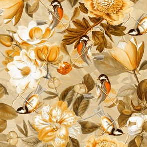 8" Vintage Spring Birds Magnolias and Peony Flowers gold yellow
