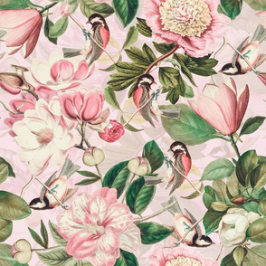 14" Vintage Spring Birds Magnolias and Peony Flowers sepia pink