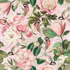10" Vintage Spring Birds Magnolias and Peony Flowers sepia pink