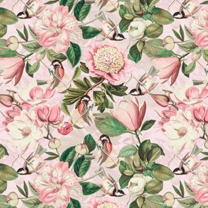 8" Vintage Spring Birds Magnolias and Peony Flowers sepia pink