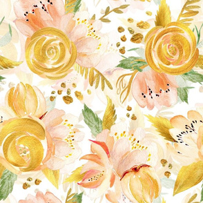14" Hand drawn watercolor gold spring flowers  on simple white