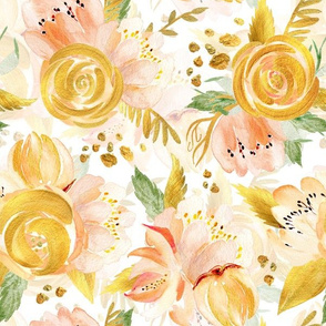 12" Hand drawn watercolor gold spring flowers  on simple white