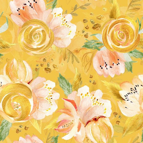 14" Hand drawn watercolor gold spring flowers  on sunny yellow