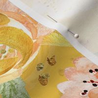 12" Hand drawn watercolor gold spring flowers  on sunny yellow