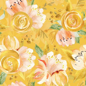 12" Hand drawn watercolor gold spring flowers  on sunny yellow