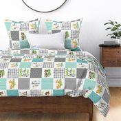 Young Forest Adventure Baby Quilt Top – Woodland Animals Nursery Blanket Bedding (grays, mint, light teal) design A