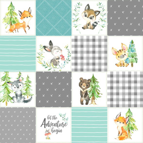 Young Forest Adventure Baby Quilt Top – Woodland Animals Nursery Blanket Bedding (grays, mint, light teal) design A