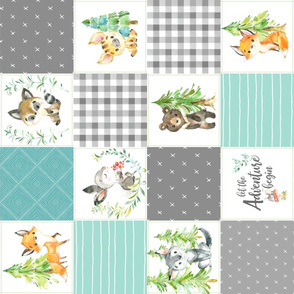 Young Forest Adventure Baby Quilt Top – Woodland Animals Nursery Blanket Bedding (grays, mint, light teal) ROTATED design A