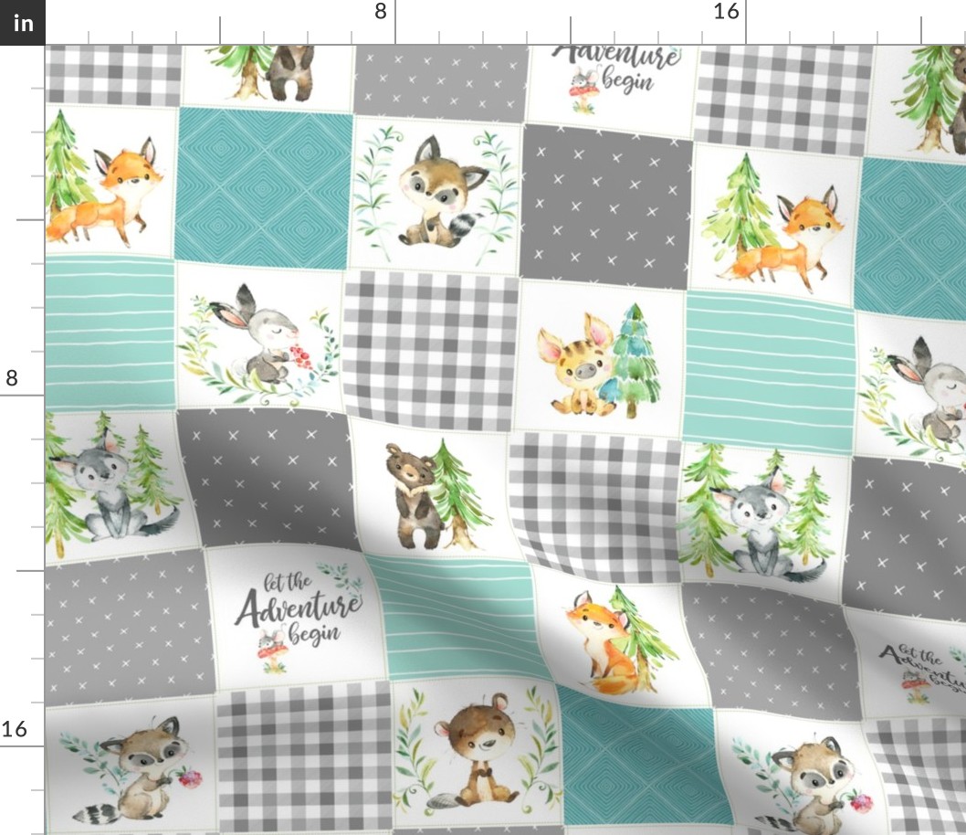3 1/2" Young Forest Adventure Baby Quilt Top – Woodland Animals Nursery Blanket Bedding (grays, mint, light teal) design A