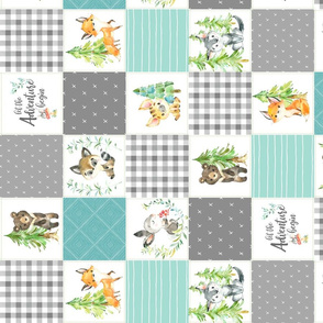 3 1/2" Young Forest Adventure Baby Quilt Top – Woodland Animals Nursery Blanket Bedding (grays, mint, light teal) ROTATED design A
