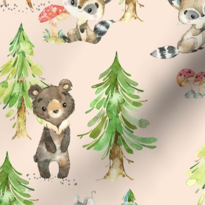 Young Forest (blush) Kids Woodland Animals & Trees, Bedding Blanket Baby Nursery, LARGE scale