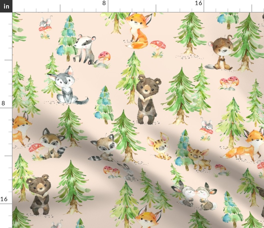 Young Forest (blush) Kids Woodland Animals & Trees, Bedding Blanket Baby Nursery, LARGE scale