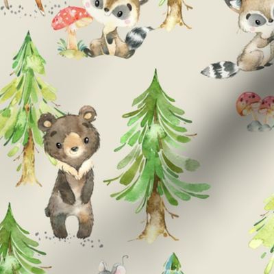 Young Forest (cream) Kids Woodland Animals & Trees, Bedding Blanket Baby Nursery, LARGE scale