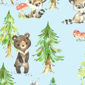 Young Forest (pale blue) Kids Woodland Animals & Trees, Bedding Blanket Baby Nursery, LARGE scale