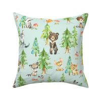 Young Forest (soft mint) Kids Woodland Animals & Trees, Bedding Blanket Baby Nursery, LARGE scale
