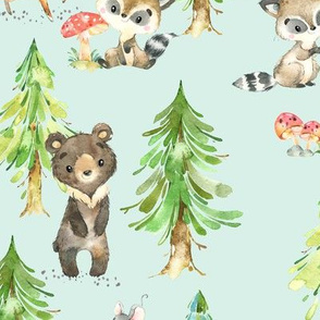 Young Forest (soft mint) Kids Woodland Animals & Trees, Bedding Blanket Baby Nursery, LARGE scale