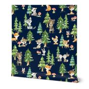 Young Forest (navy) Kids Woodland Animals & Trees, Bedding Blanket Baby Nursery, LARGE scale