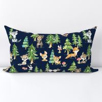 Young Forest (navy) Kids Woodland Animals & Trees, Bedding Blanket Baby Nursery, LARGE scale