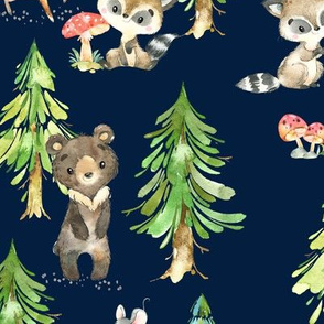Young Forest (navy) Kids Woodland Animals & Trees, Bedding Blanket Baby Nursery, LARGE scale
