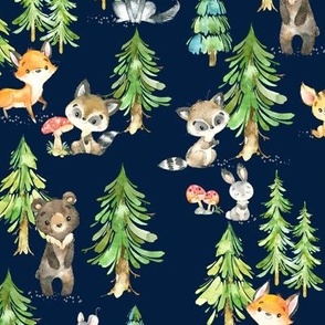 Young Forest (navy) Kids Woodland Animals & Trees, Bedding Blanket Baby Nursery - MEDIUM scale