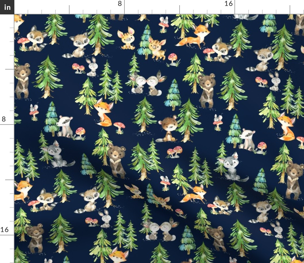 Young Forest (navy) Kids Woodland Animals & Trees, Bedding Blanket Baby Nursery - MEDIUM scale