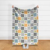 Young Forest Adventure Quilt Top – Woodland Animals Blanket Bedding (grays, pond, saffron) ROTATED design B