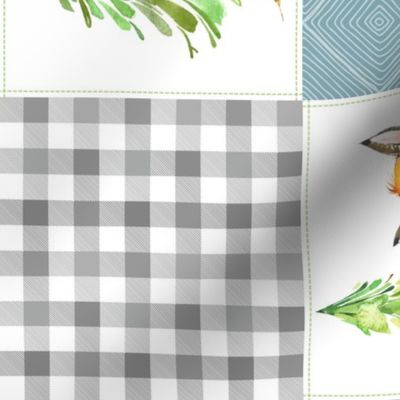 Young Forest Adventure Quilt Top – Woodland Animals Blanket Bedding (grays, pond, saffron) ROTATED design B